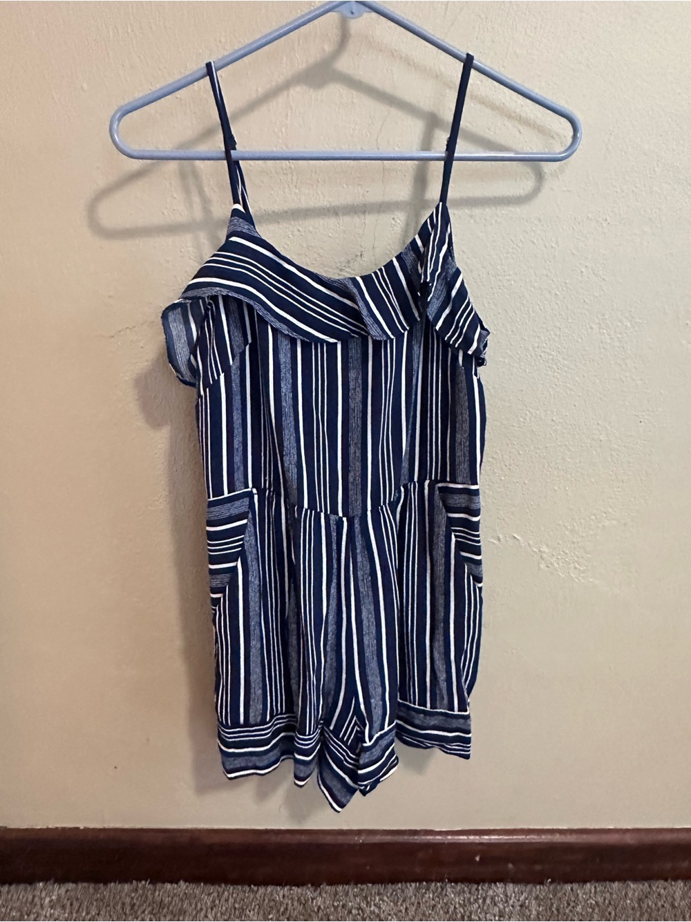 LOFT Navy & White Striped Ruffle Romper
